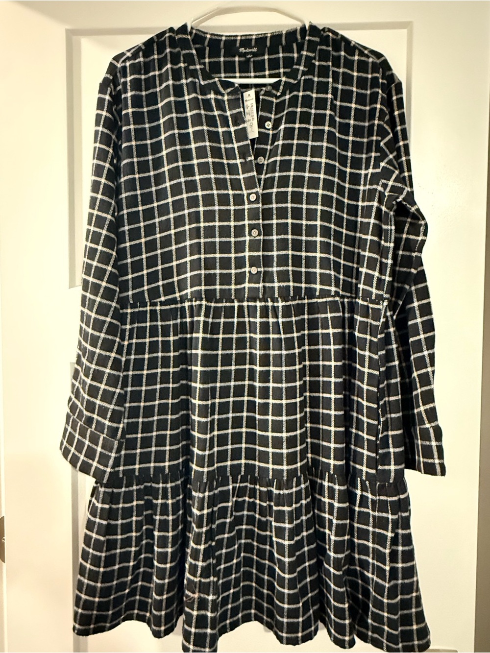 Madewell Black and White Windowpane Tiered Button-Front Dress